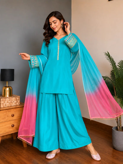 Turquoise Blue Embroidered Kurta Palazzo Set
