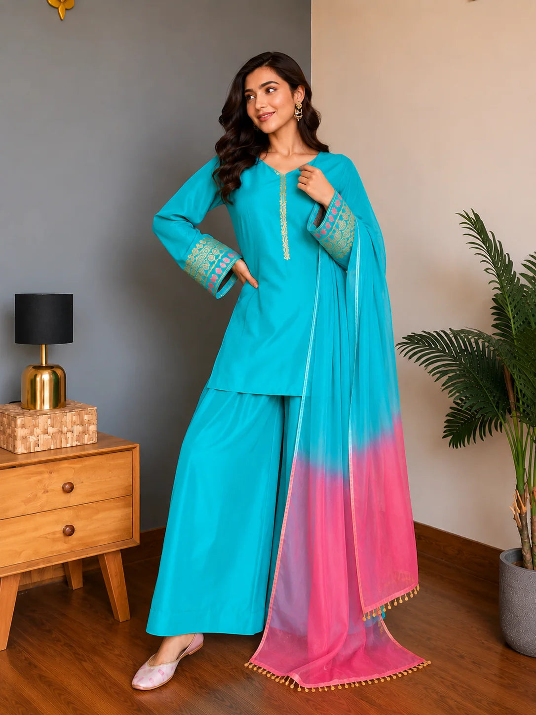 Turquoise Blue Embroidered Kurta Palazzo Set