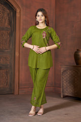 Elegant Dark Green Heavy Rayon Embroidered Co-Ord Set