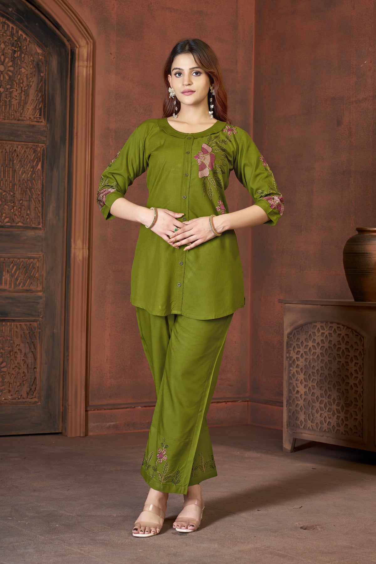 Elegant Dark Green Heavy Rayon Embroidered Co-Ord Set