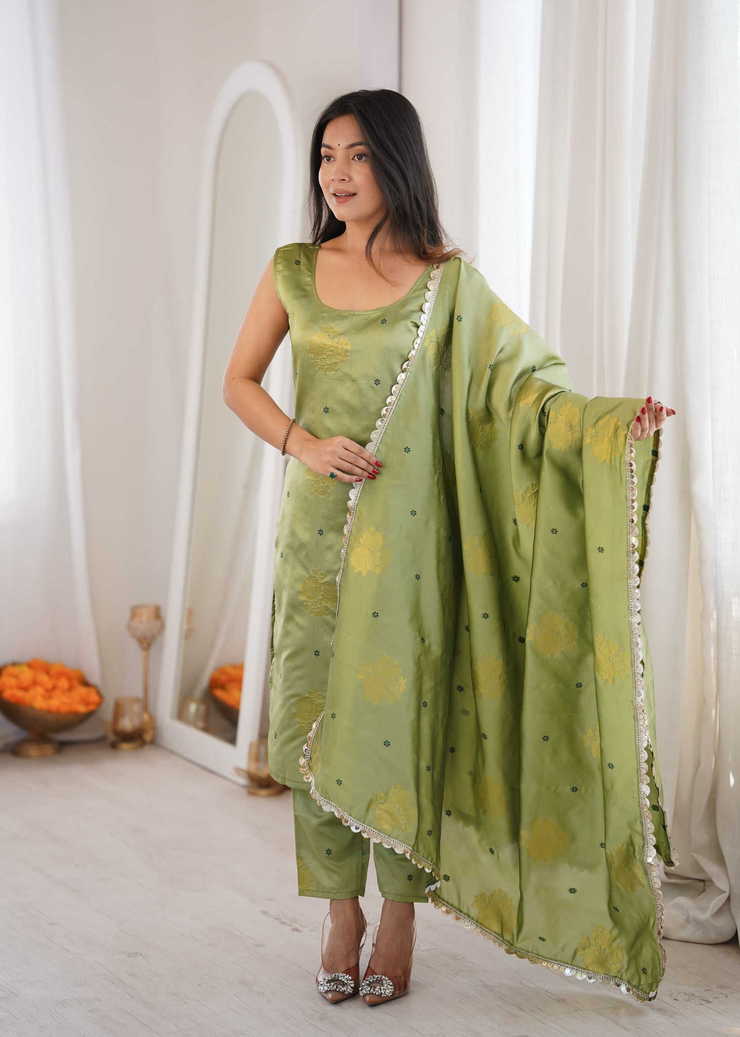 Light Green Aura Chanderi Jacquard Suit Set