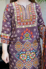 Brown Ethnic Printed Kurti Pant Dupatta Set