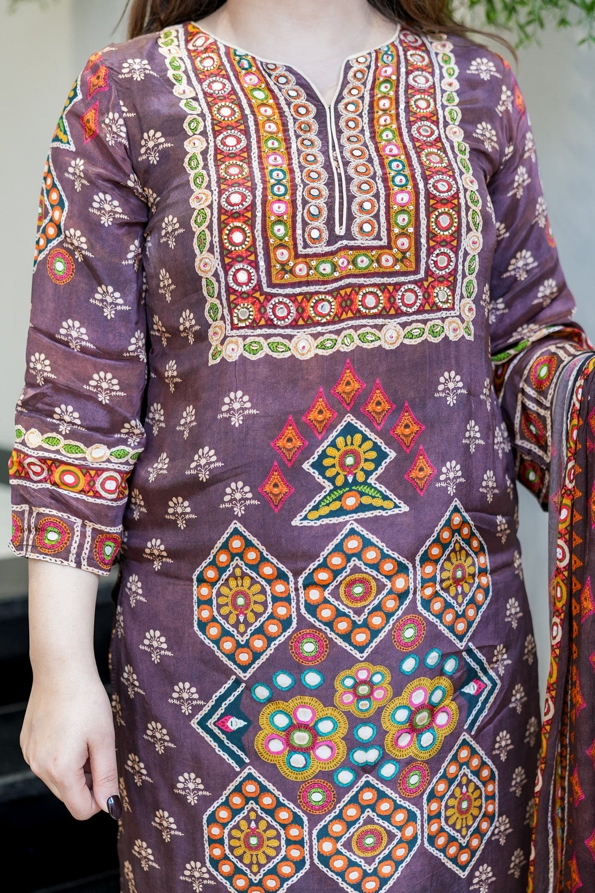 Brown Ethnic Printed Kurti Pant Dupatta Set