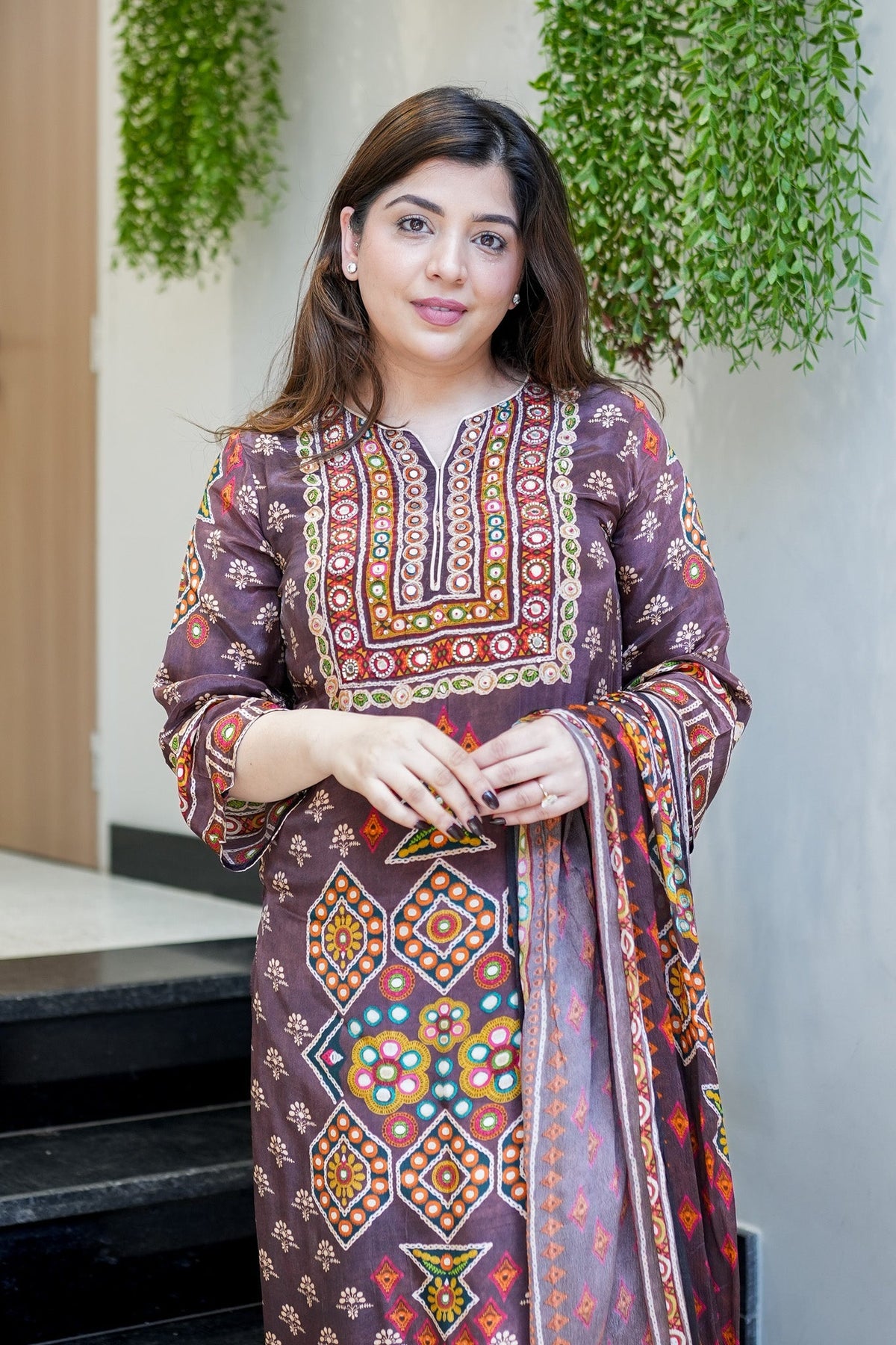 Brown Ethnic Printed Kurti Pant Dupatta Set