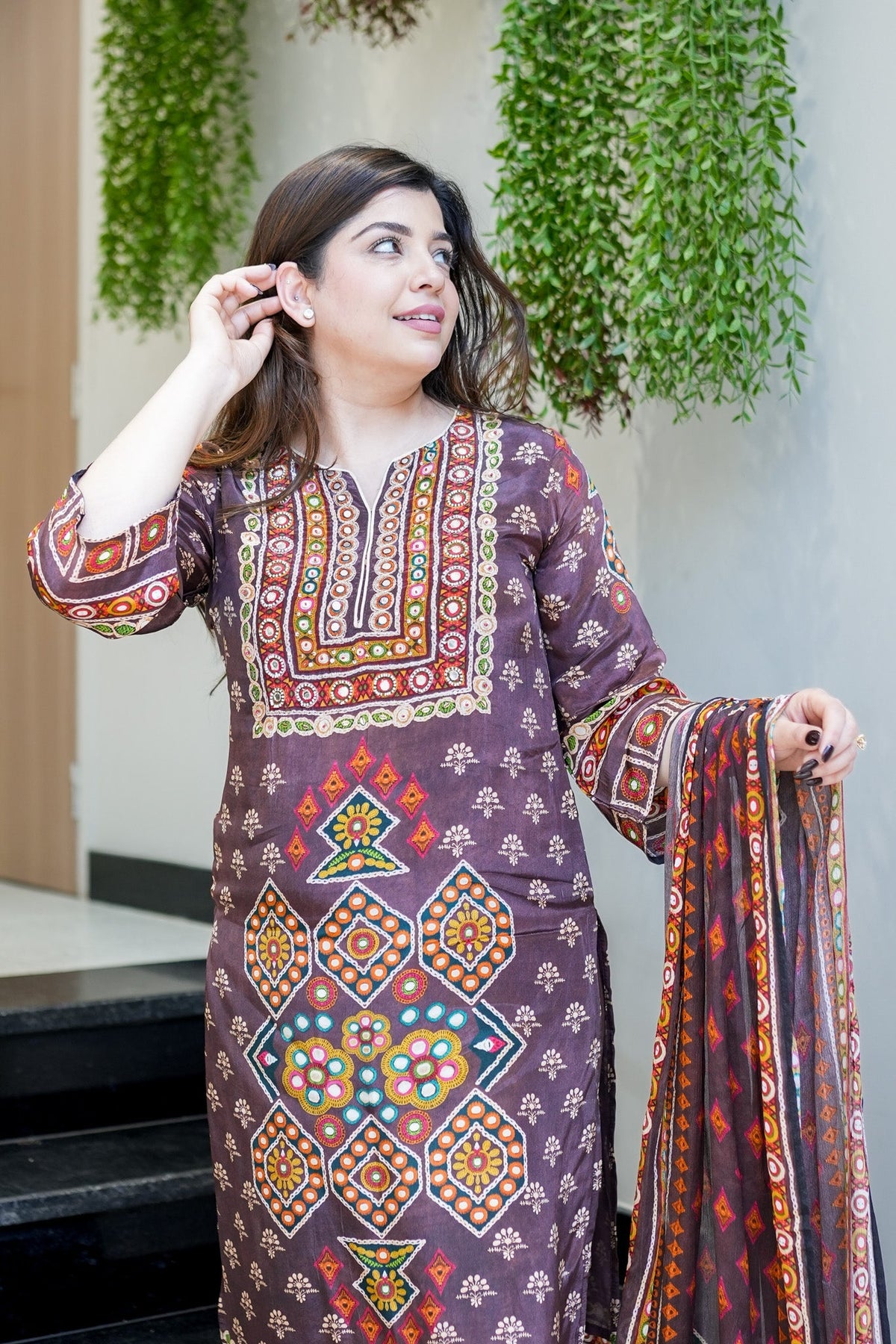 Brown Ethnic Printed Kurti Pant Dupatta Set
