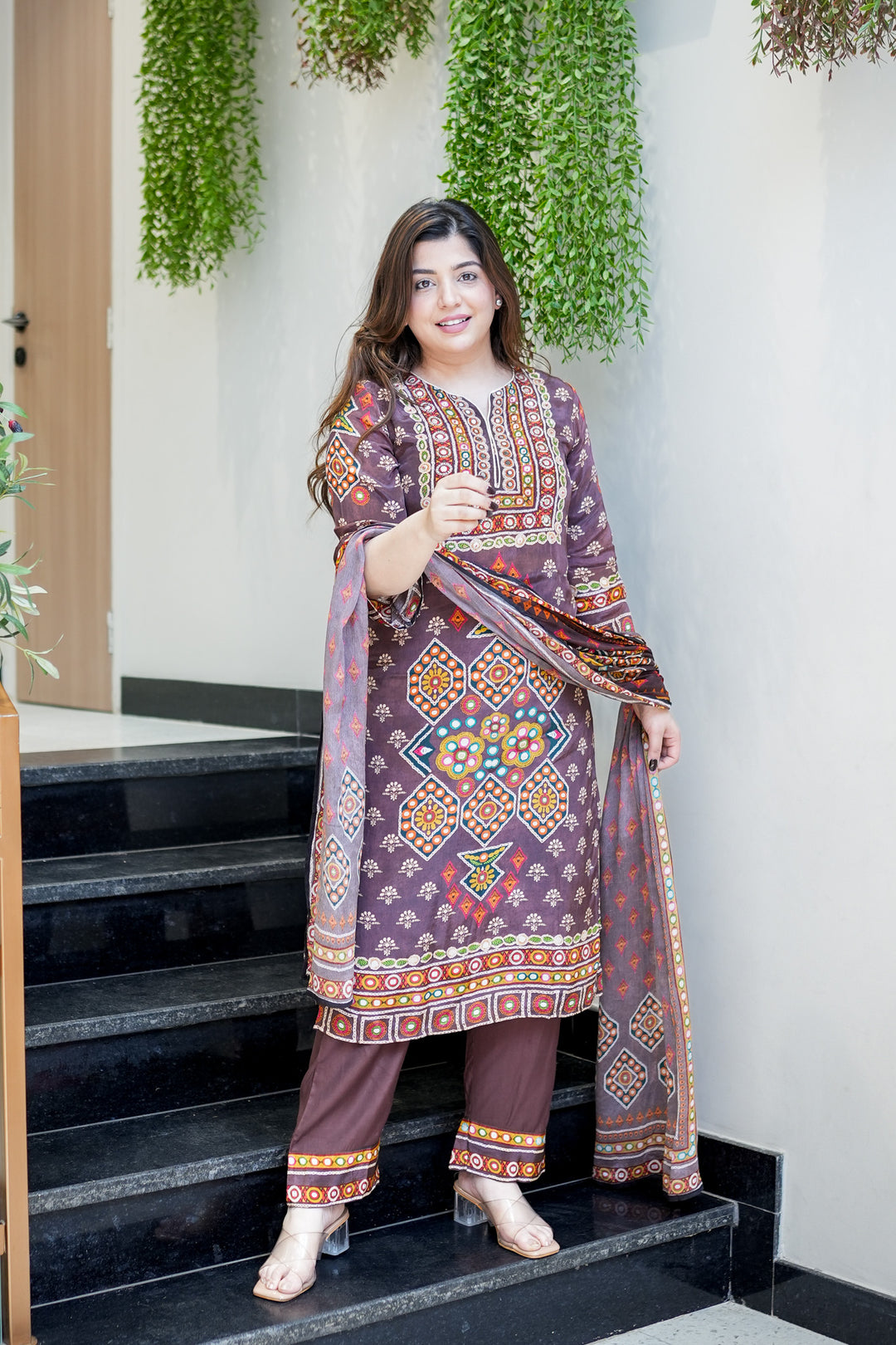 Brown Ethnic Printed Kurti Pant Dupatta Set