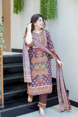 Brown Ethnic Printed Kurti Pant Dupatta Set