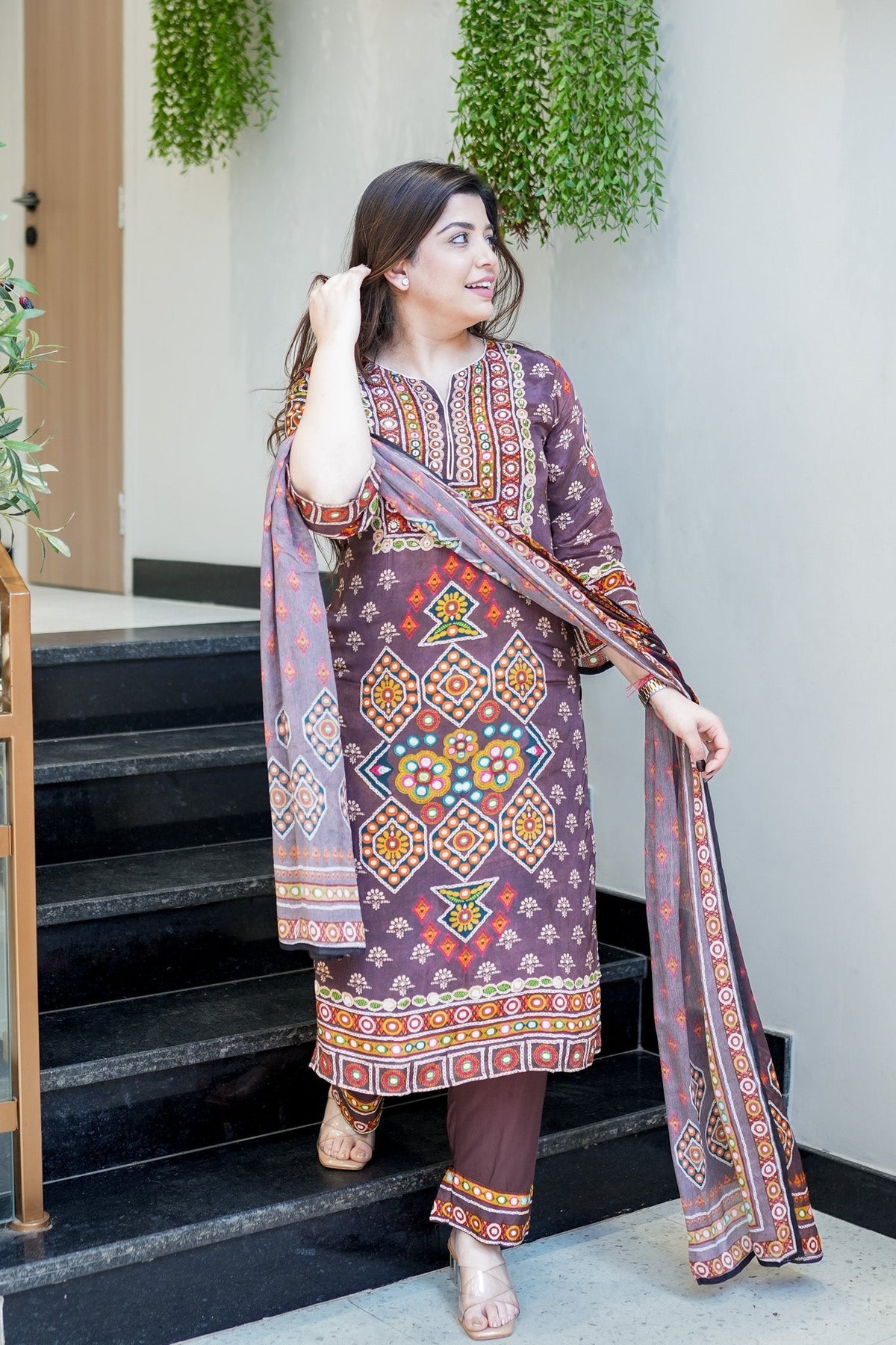 Brown Ethnic Printed Kurti Pant Dupatta Set