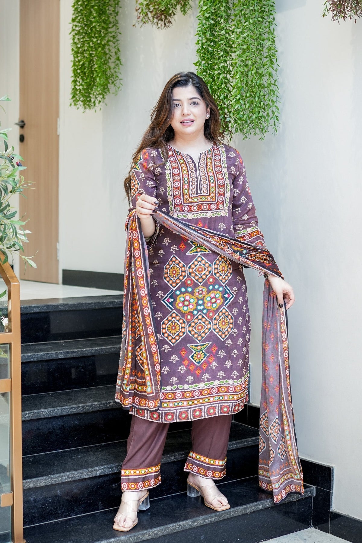 Brown Ethnic Printed Kurti Pant Dupatta Set