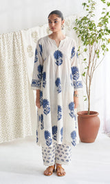 Anushka Kalamkari White & Blue Floral Print Pure Cotton Kurta Pant & Dupatta Set