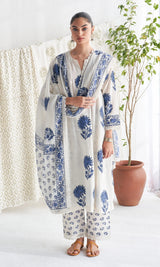 Anushka Kalamkari White & Blue Floral Print Pure Cotton Kurta Pant & Dupatta Set