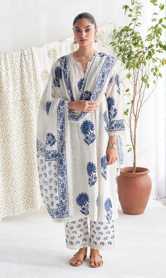 Anushka Kalamkari White & Blue Floral Print Pure Cotton Kurta Pant & Dupatta Set