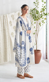Anushka Kalamkari White & Blue Floral Print Pure Cotton Kurta Pant & Dupatta Set