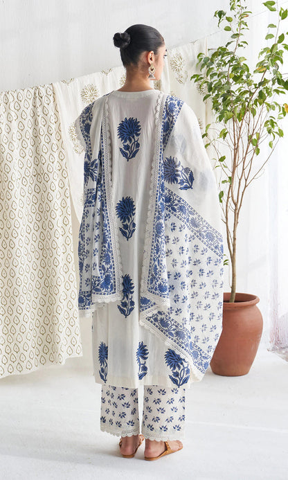 Anushka Kalamkari White & Blue Floral Print Pure Cotton Kurta Pant & Dupatta Set