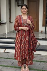 Rust Jaipuri Cotton Red Printed Anarkali Kurti Pant Dupatta Set