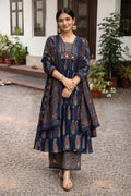 Jaipuri Cotton Navy Printed Anarkali Kurti Pant Dupatta Set