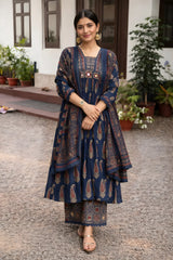 Jaipuri Cotton Navy Printed Anarkali Kurti Pant Dupatta Set