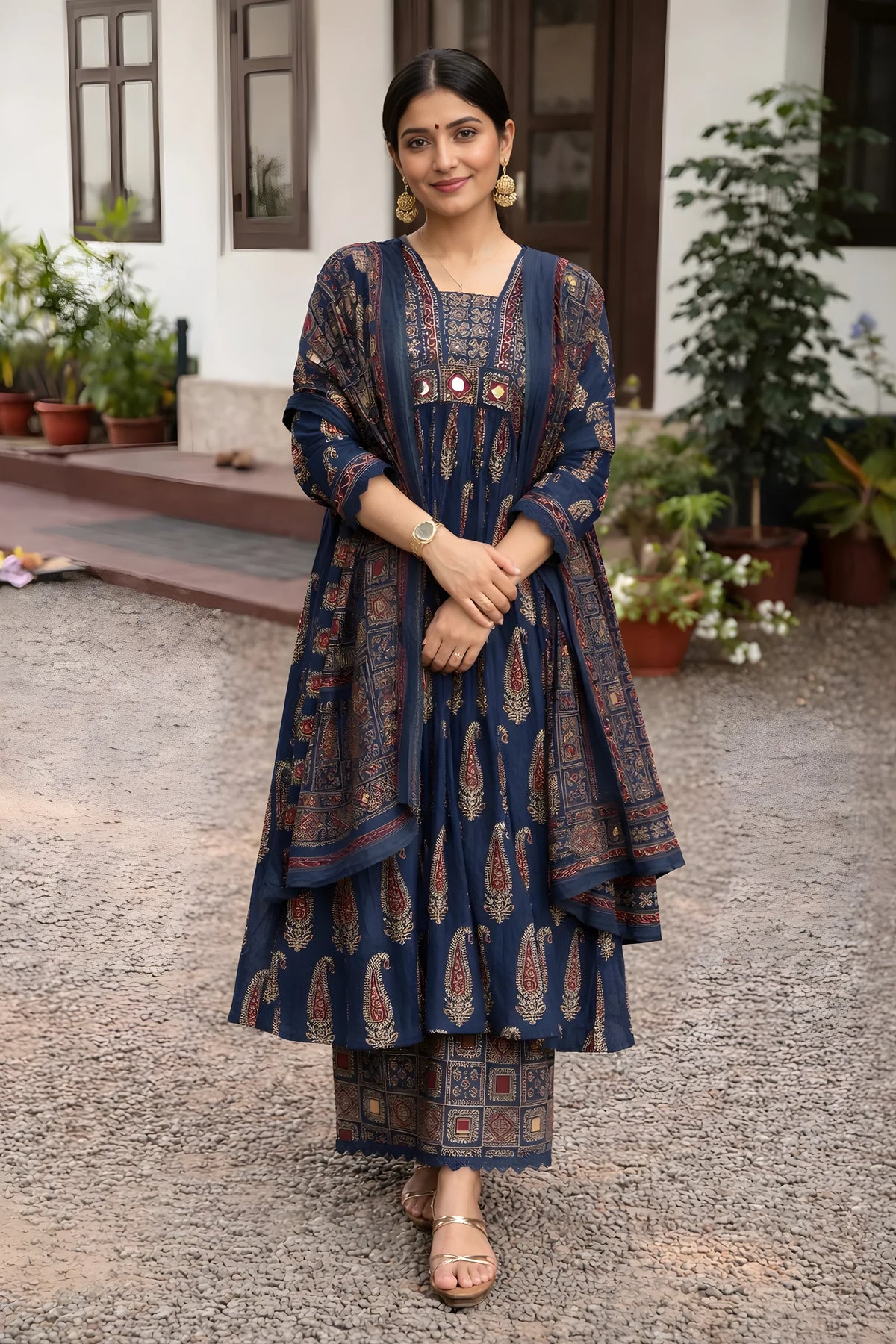 Jaipuri Cotton Navy Printed Anarkali Kurti Pant Dupatta Set