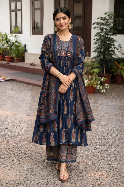 Jaipuri Cotton Navy Printed Anarkali Kurti Pant Dupatta Set