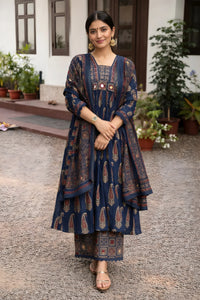 Jaipuri Cotton Navy Printed Anarkali Kurti Pant Dupatta Set