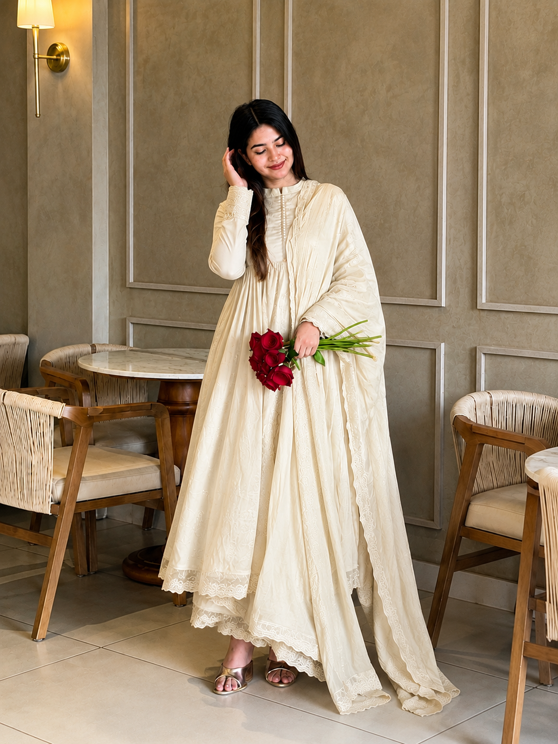 Elegant White Anarkali Suit Set with Dupatta for Women