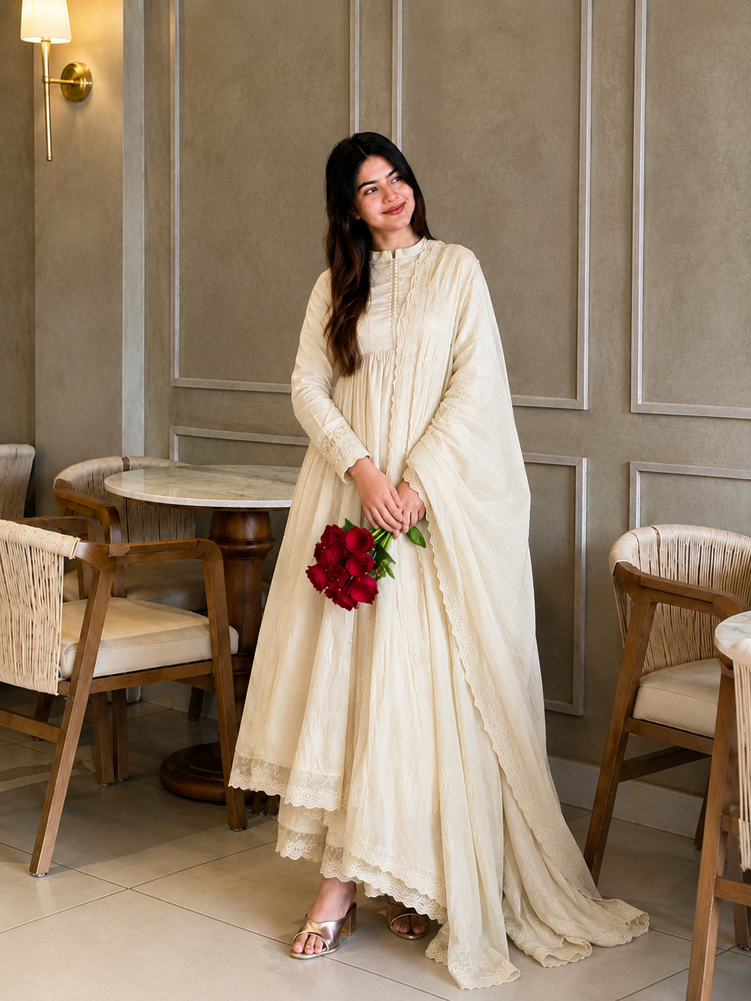 Elegant White Anarkali Suit Set with Dupatta for Women