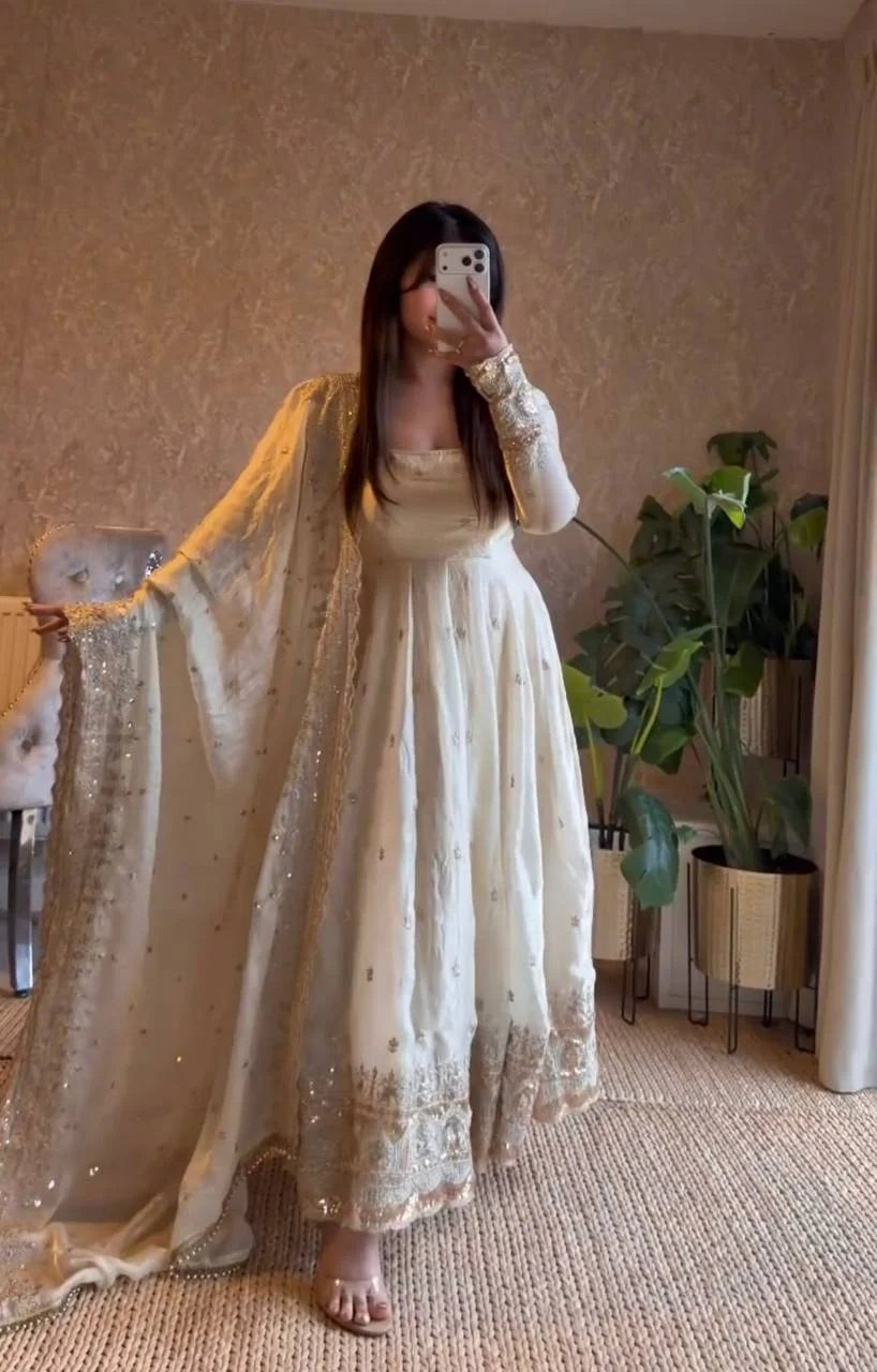 Ivory Fandy Silk Embroidered Anarkali Suit Set