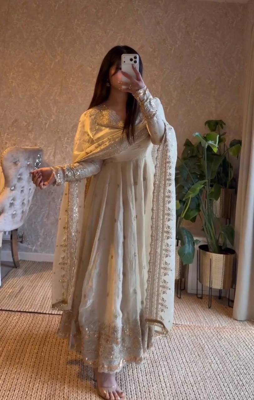 Ivory Fandy Silk Embroidered Anarkali Suit Set