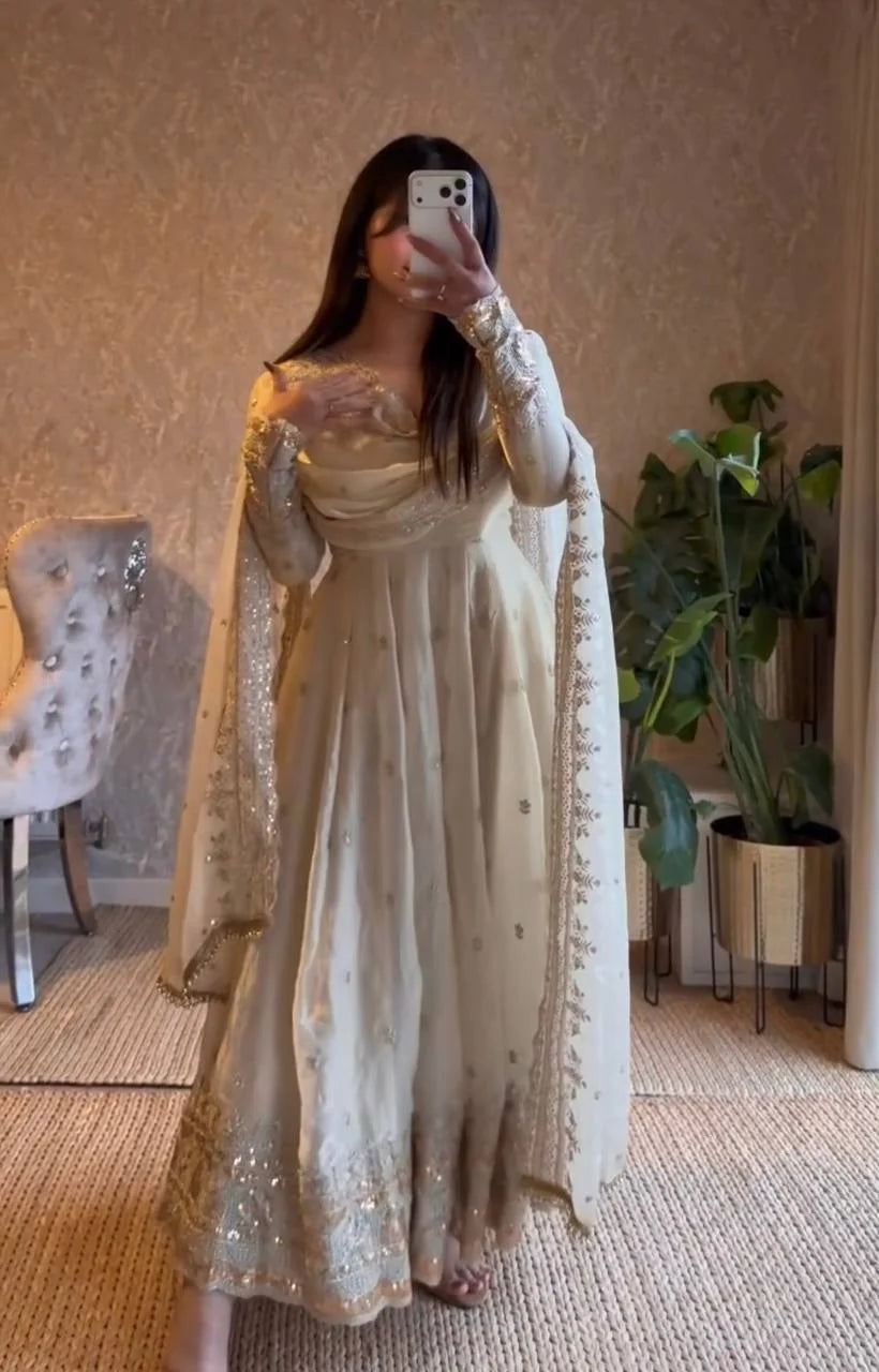 Ivory Fandy Silk Embroidered Anarkali Suit Set