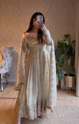 Ivory Fandy Silk Embroidered Anarkali Suit Set