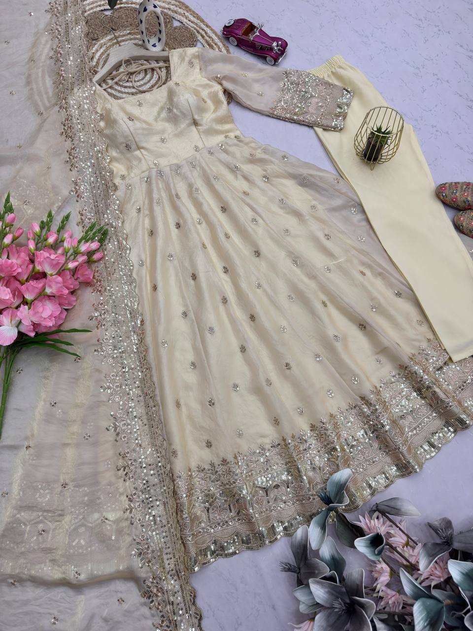 Ivory Fandy Silk Embroidered Anarkali Suit Set