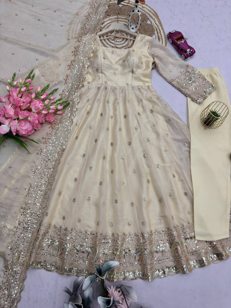 Ivory Fandy Silk Embroidered Anarkali Suit Set