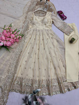 Ivory Fandy Silk Embroidered Anarkali Suit Set