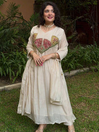 White Mal Chanderi Anarkali Kurta Set with Dupatta