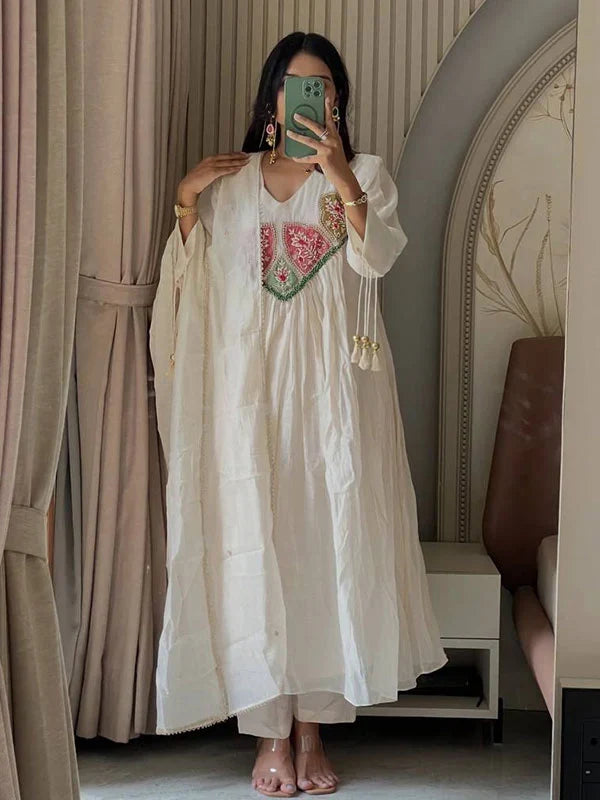 White Mal Chanderi Anarkali Kurta Set with Dupatta