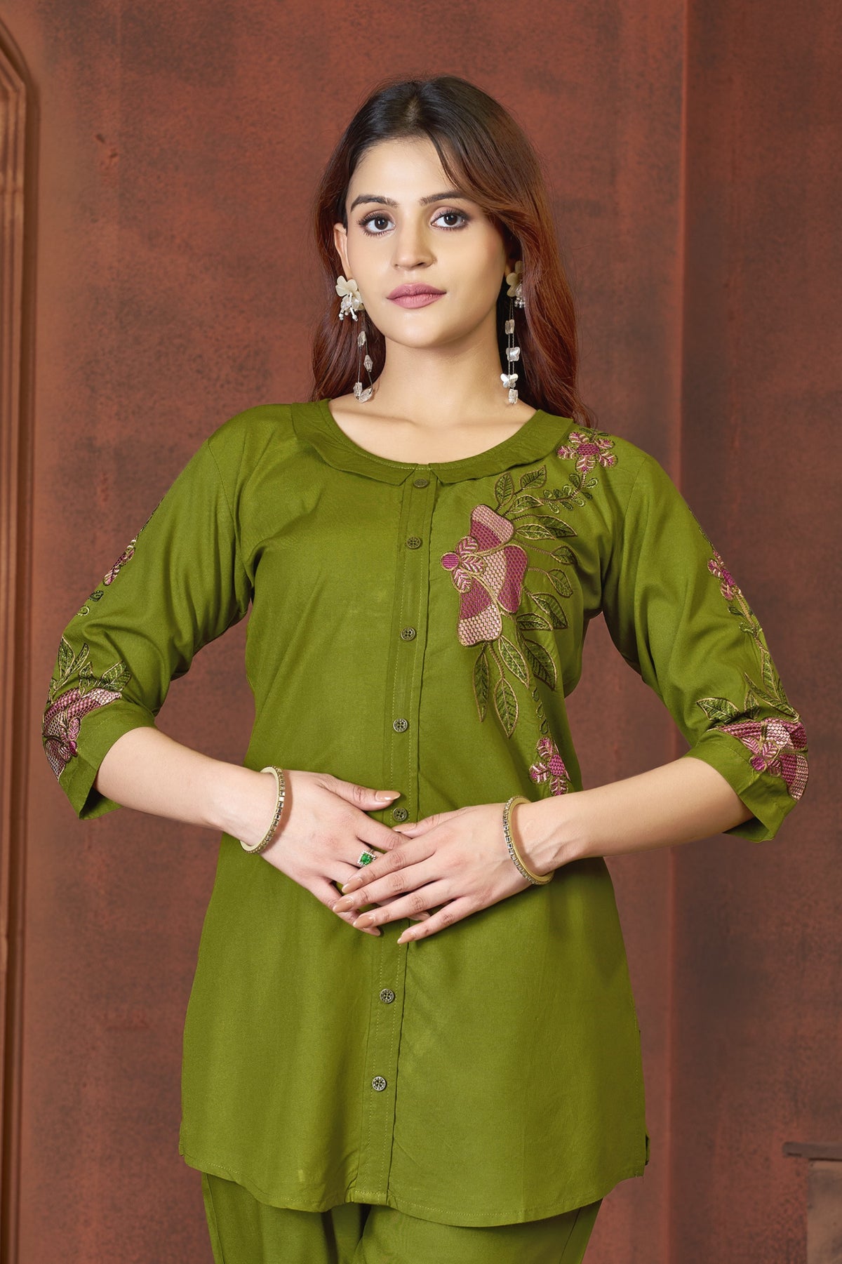 Elegant Dark Green Heavy Rayon Embroidered Co-Ord Set