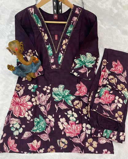 Elegant Purple Pure Cotton Floral Co-ords Set