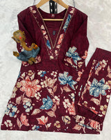 Elegant Wine Pure Cotton Floral Co-ords Set