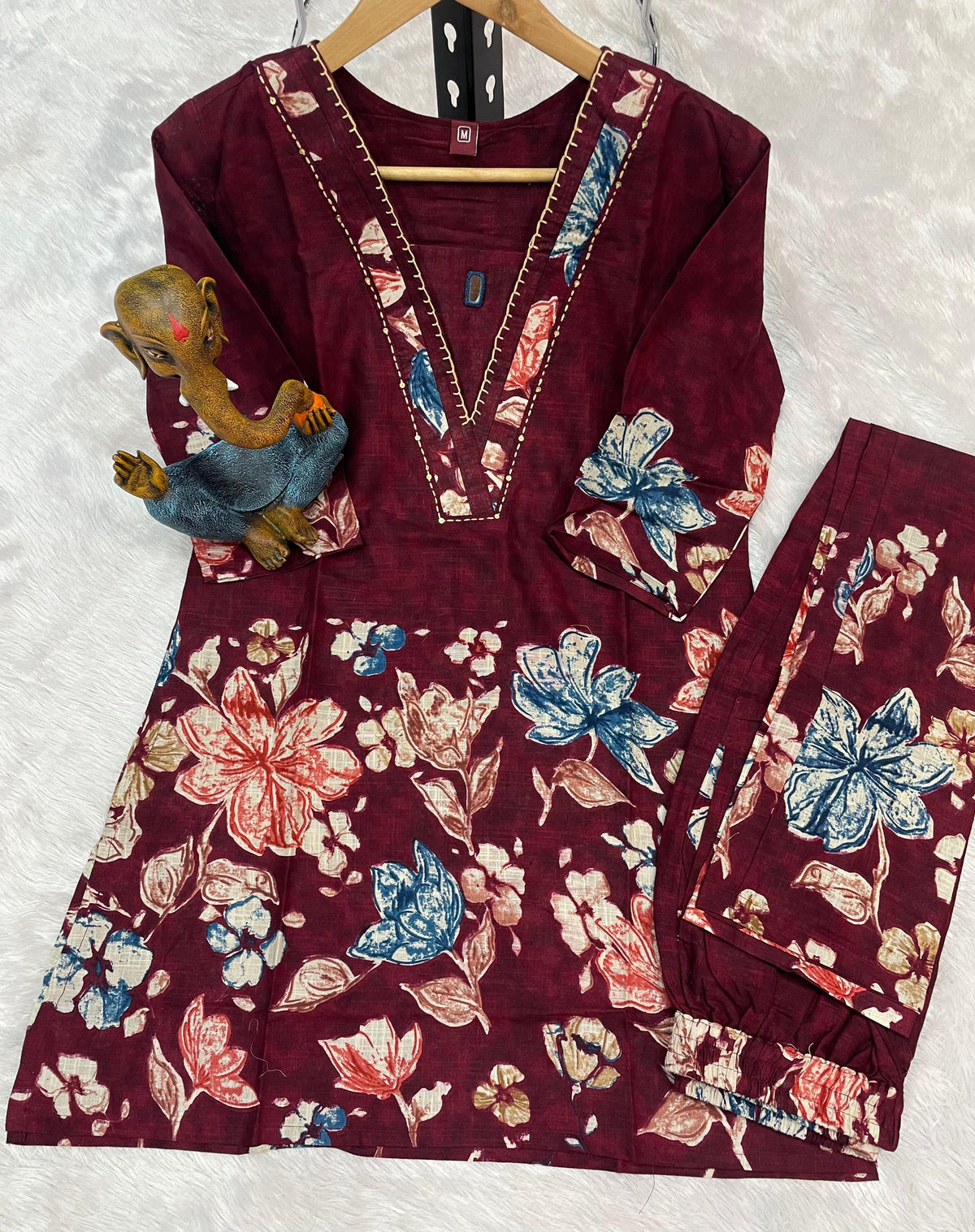 Elegant Wine Pure Cotton Floral Co-ords Set