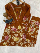 Trendy Brown Pure Cotton Floral Co-ords Set