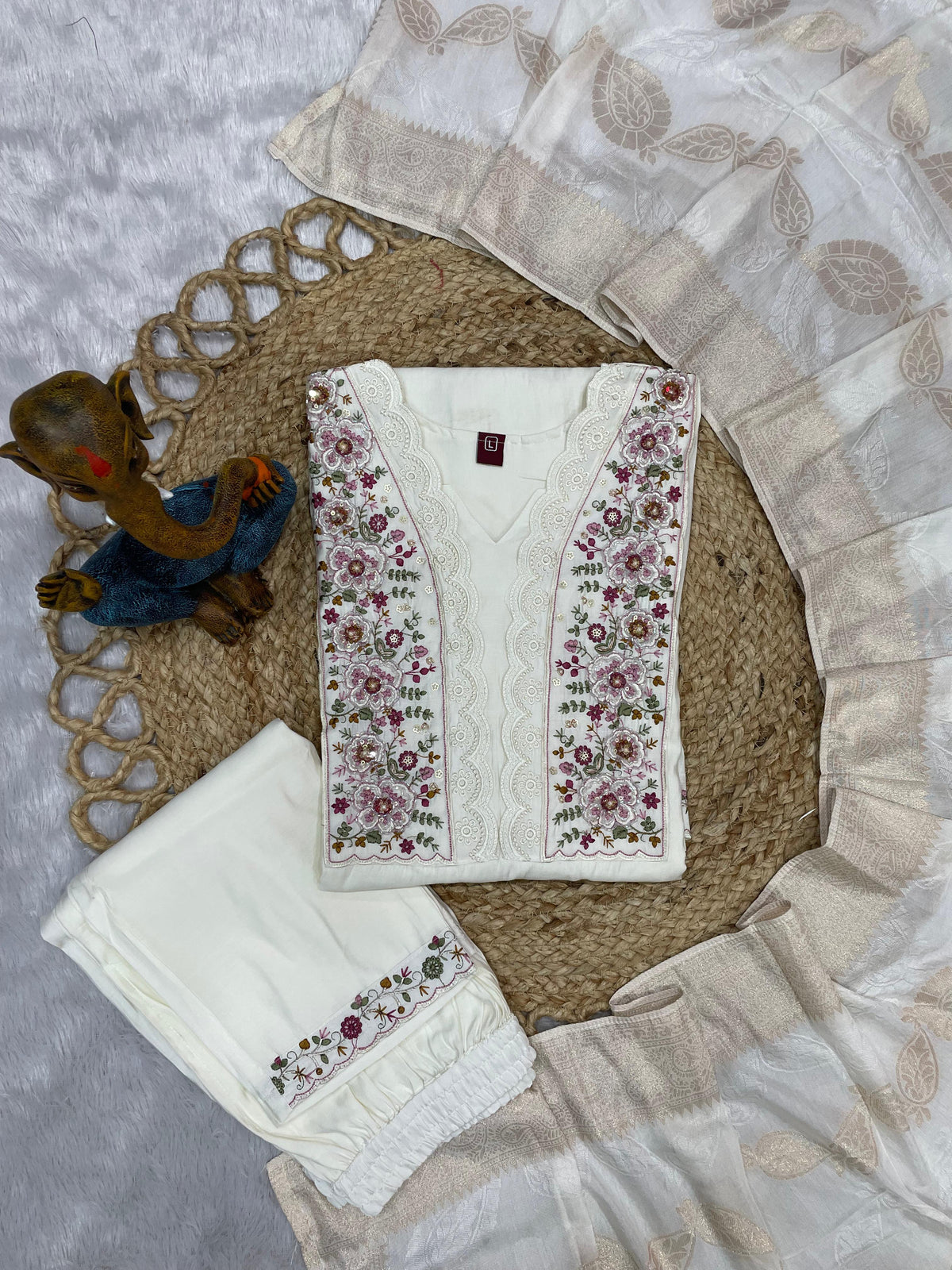 Off White Roman Silk Embroidered Kurti Pant Dupatta Set