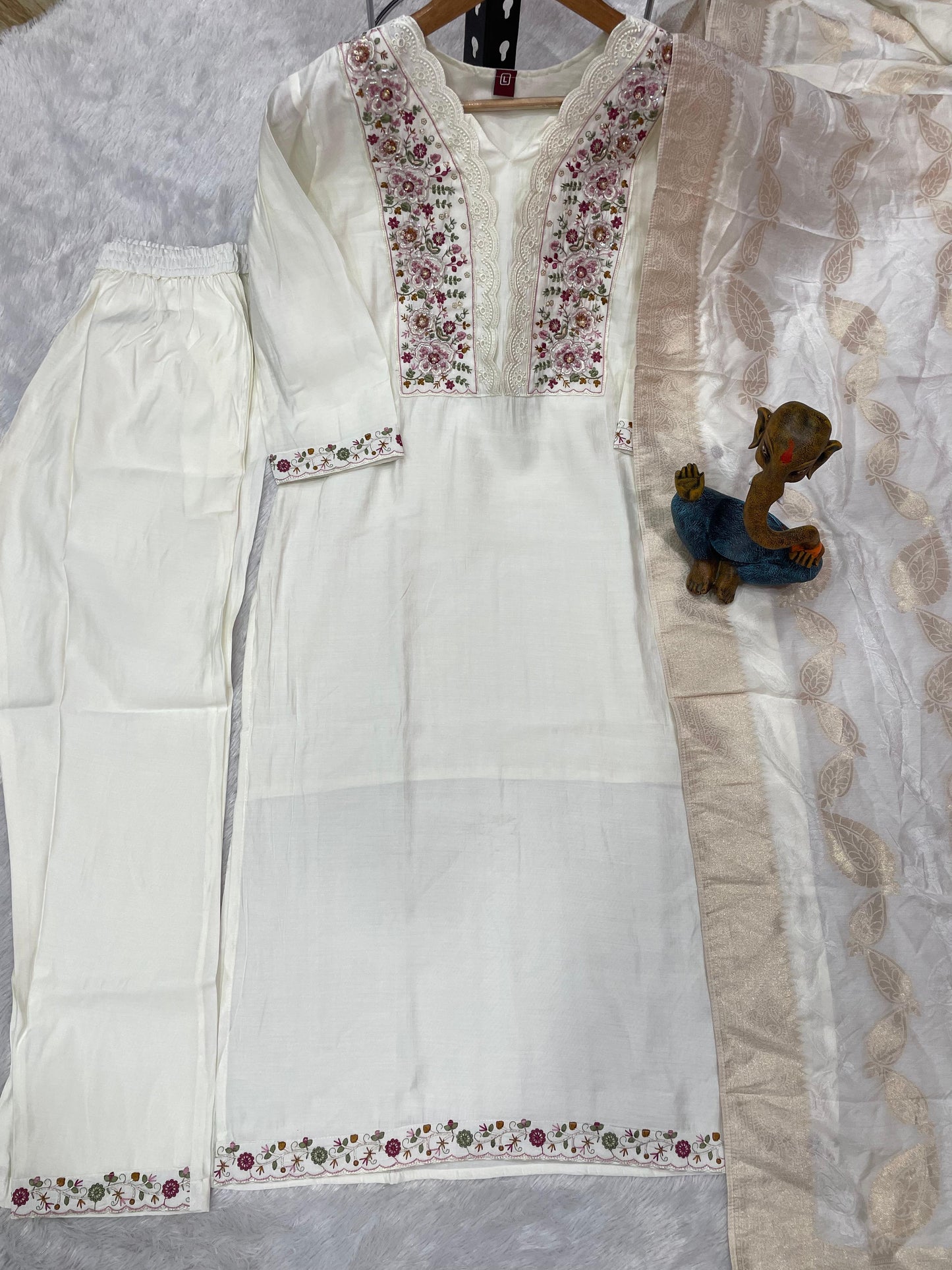 Off White Roman Silk Embroidered Kurti Pant Dupatta Set