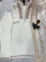 Off White Roman Silk Embroidered Kurti Pant Dupatta Set