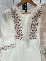 Off White Roman Silk Embroidered Kurti Pant Dupatta Set