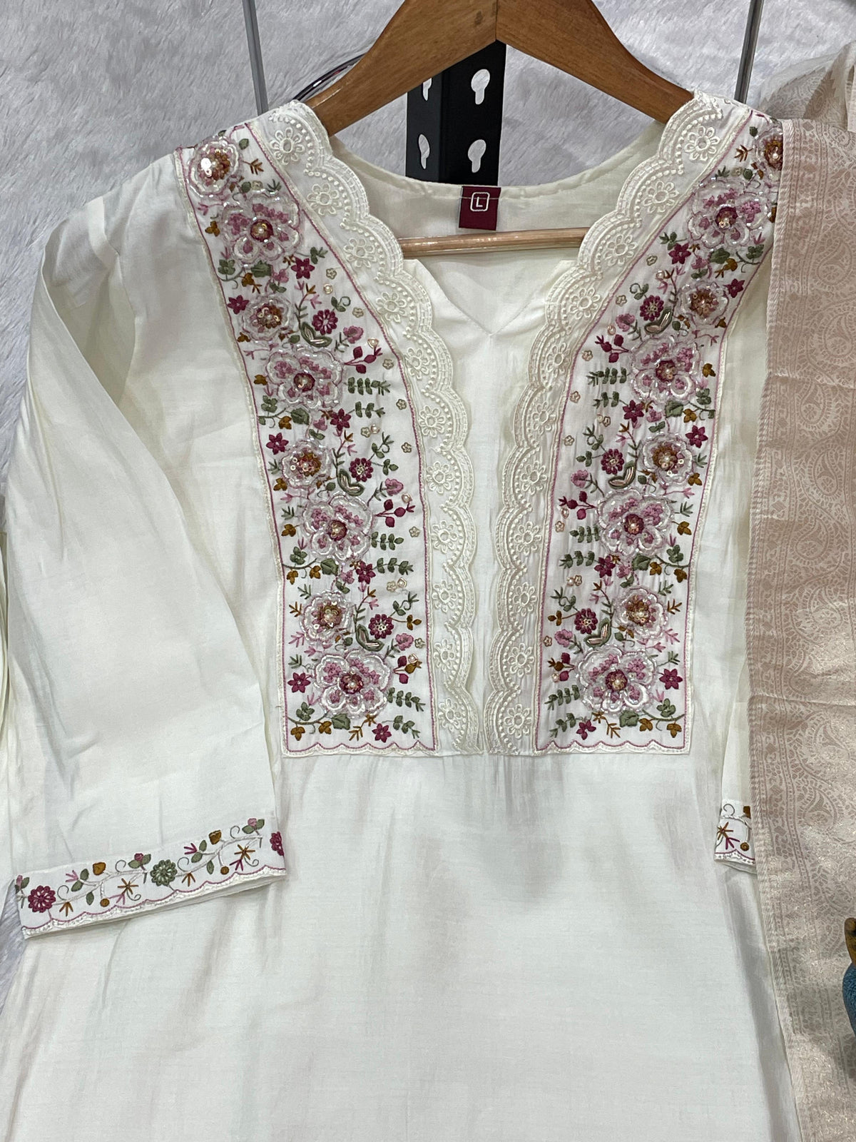 Off White Roman Silk Embroidered Kurti Pant Dupatta Set