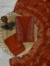 Rust Orange Roman Silk Embroidered Kurti Pant Dupatta Set