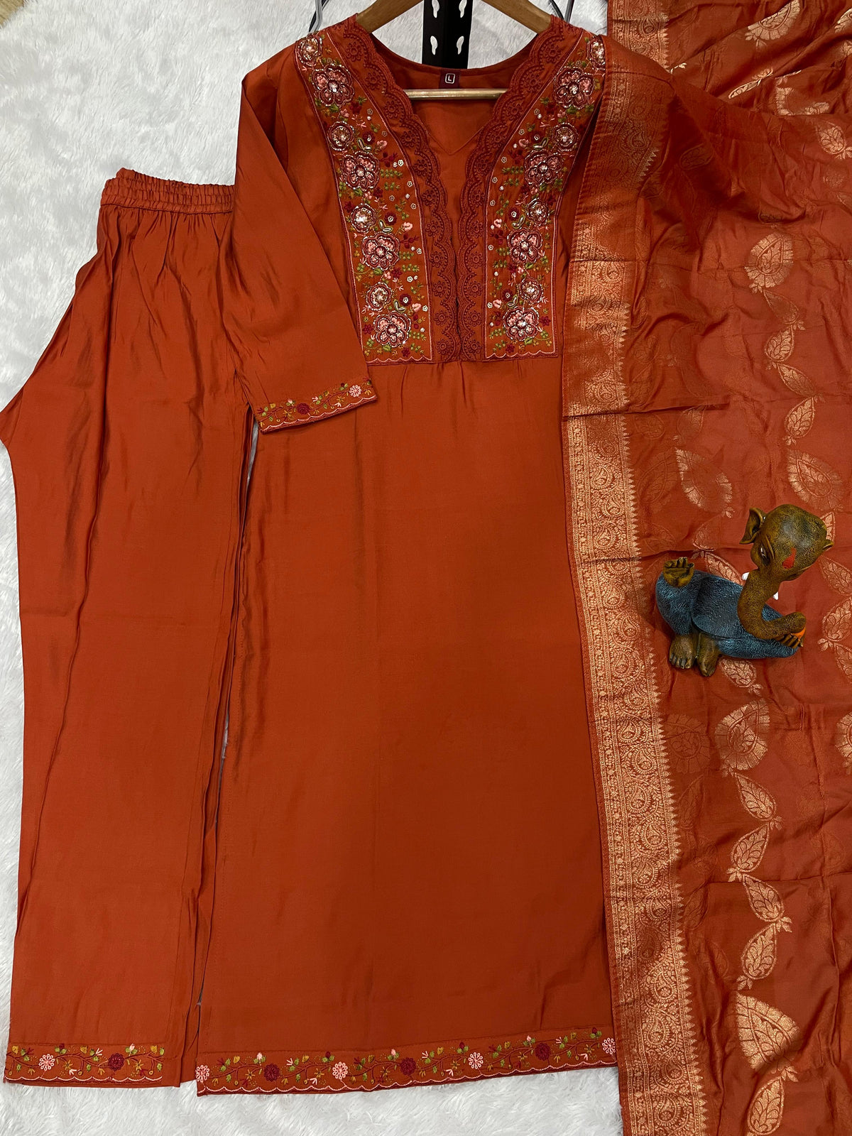 Rust Orange Roman Silk Embroidered Kurti Pant Dupatta Set