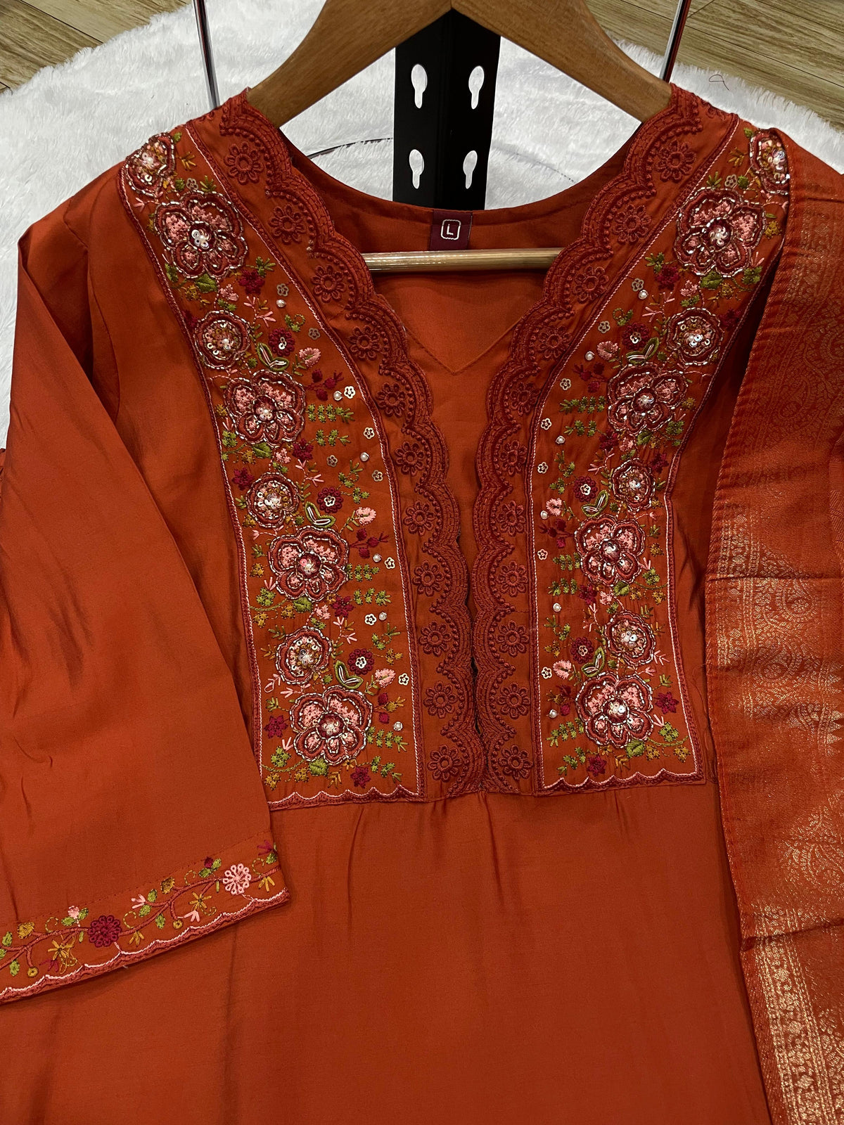 Rust Orange Roman Silk Embroidered Kurti Pant Dupatta Set