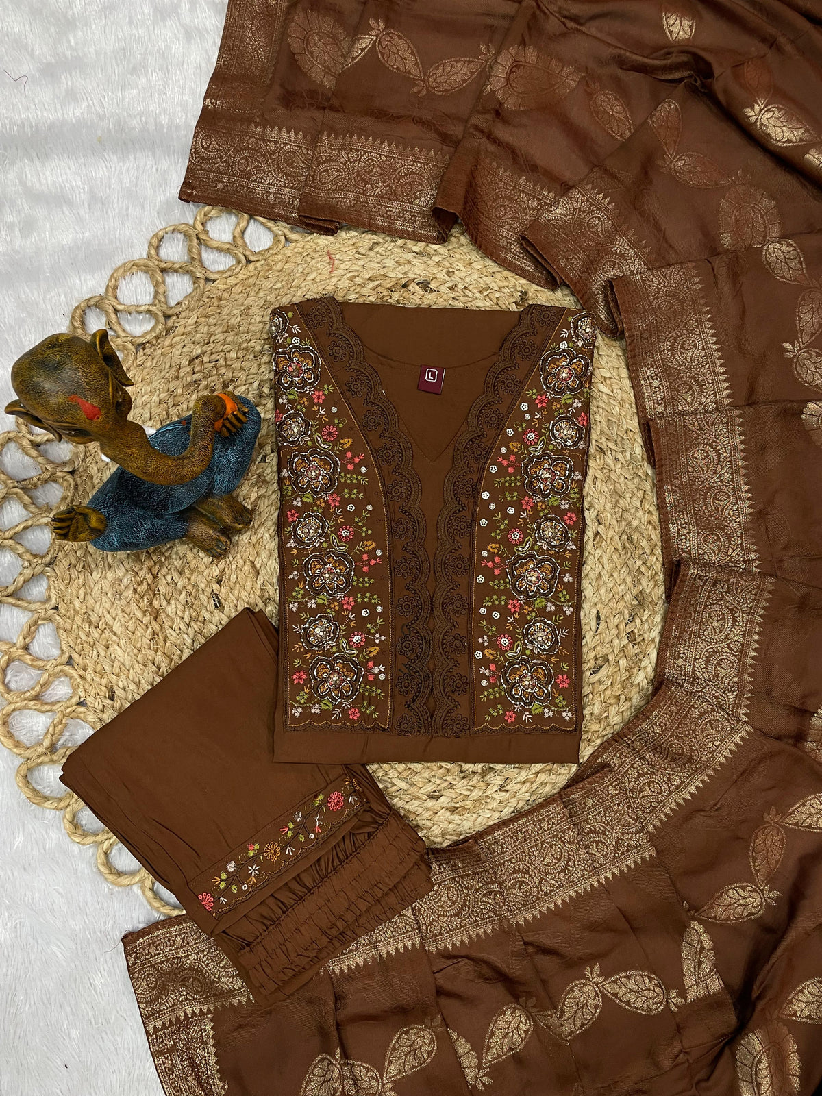 Coffee Brown Roman Silk Embroidered Kurti Pant Dupatta Set