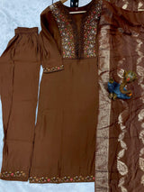 Coffee Brown Roman Silk Embroidered Kurti Pant Dupatta Set